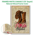 Framed cowboy canvas wall art shown with a natural wood frame and close-up of the printed western design