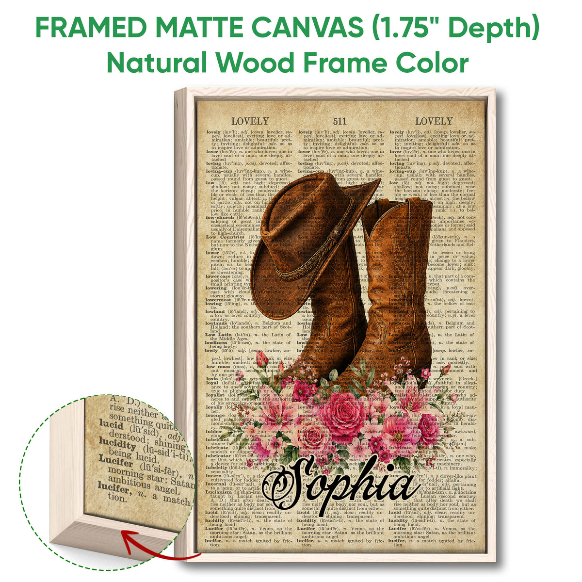 Framed cowboy canvas wall art shown with a natural wood frame and close-up of the printed western design