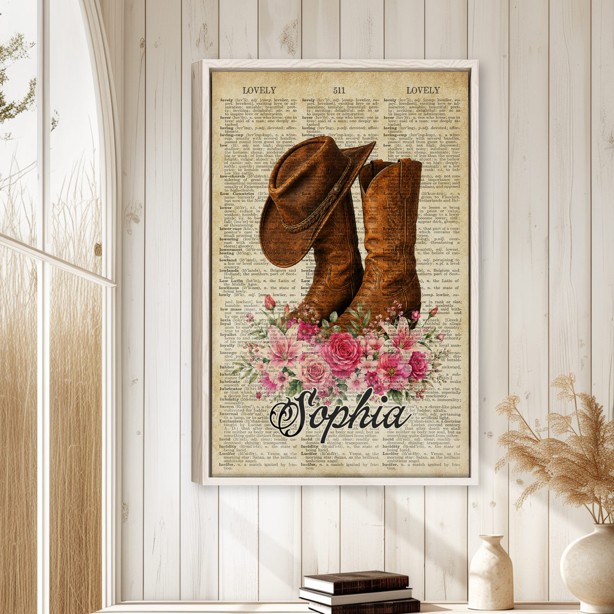 Cowboy wall art displayed in a bright rustic interior with a natural wood frame and vintage western styling
