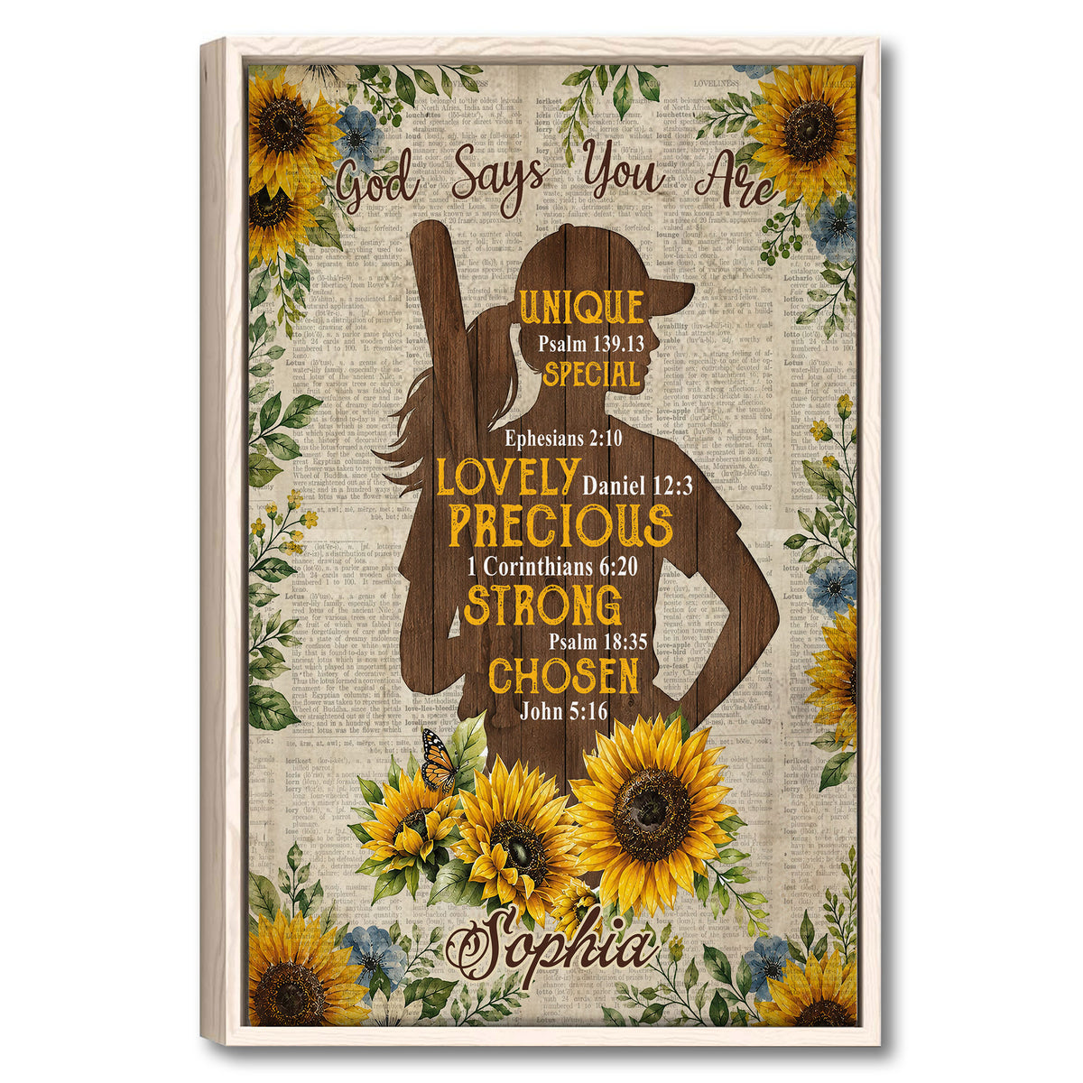 Softball girl Christian wall art with female player silhouette, sunflower florals, Bible verse references and inspirational faith design