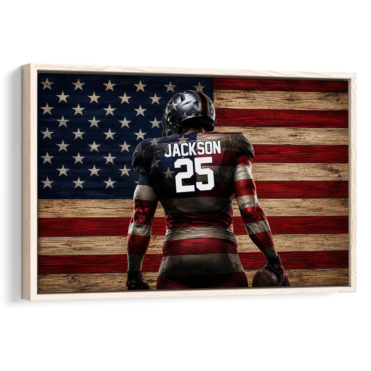 Framed football wall art featuring a helmeted player against a rustic American flag background