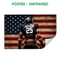 Unframed football poster featuring a helmeted player and rustic red, white, and blue flag design