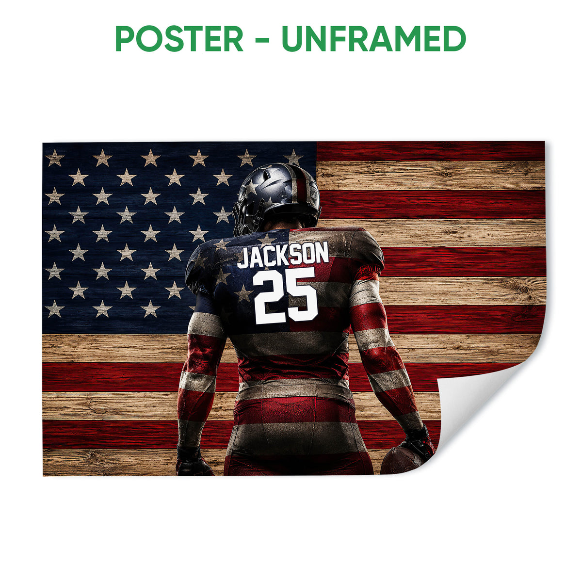 Unframed football poster featuring a helmeted player and rustic red, white, and blue flag design