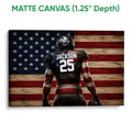 Matte canvas football wall art featuring a player against a distressed American flag background