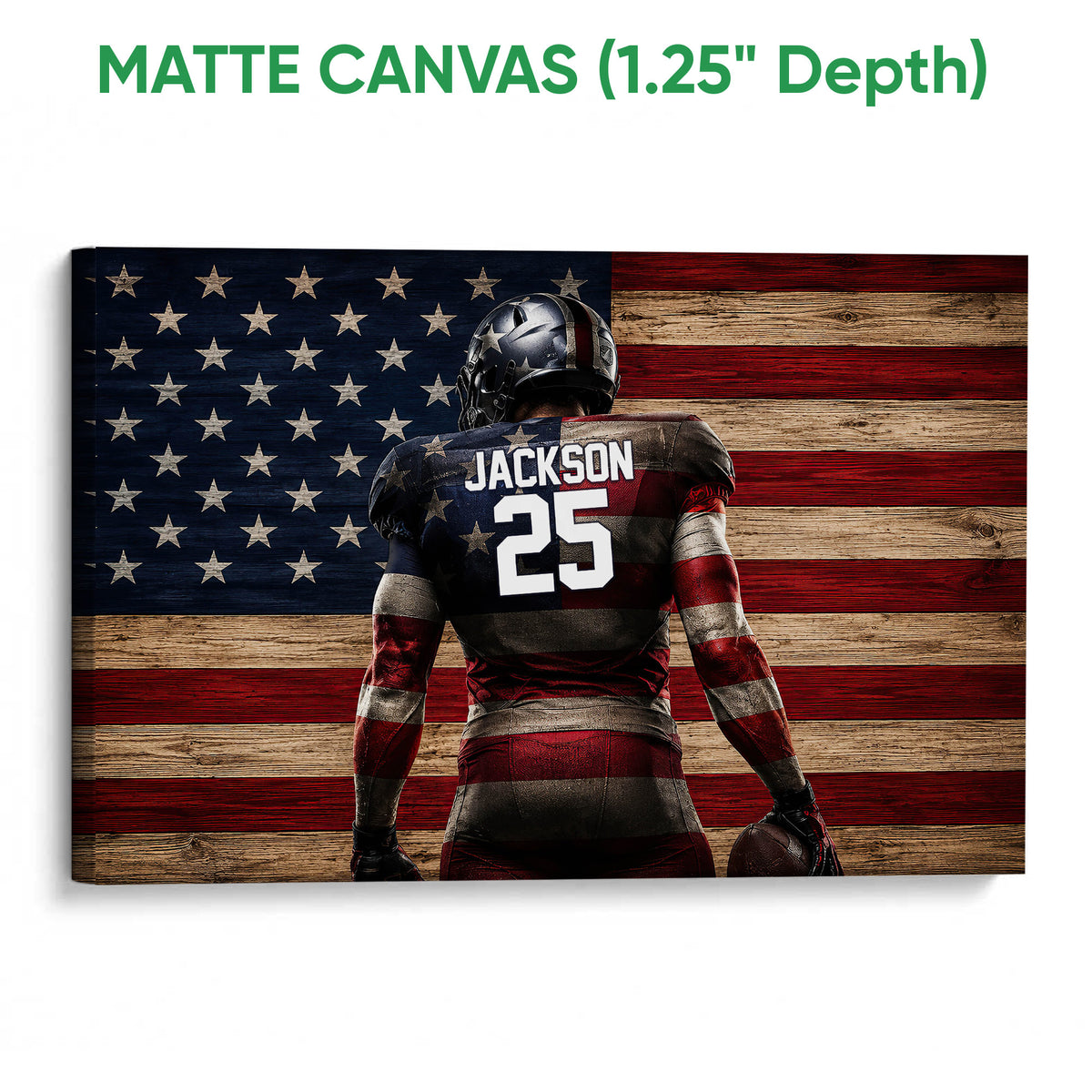Matte canvas football wall art featuring a player against a distressed American flag background