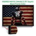 Black framed football canvas wall art with a patriotic flag design and close-up frame detail