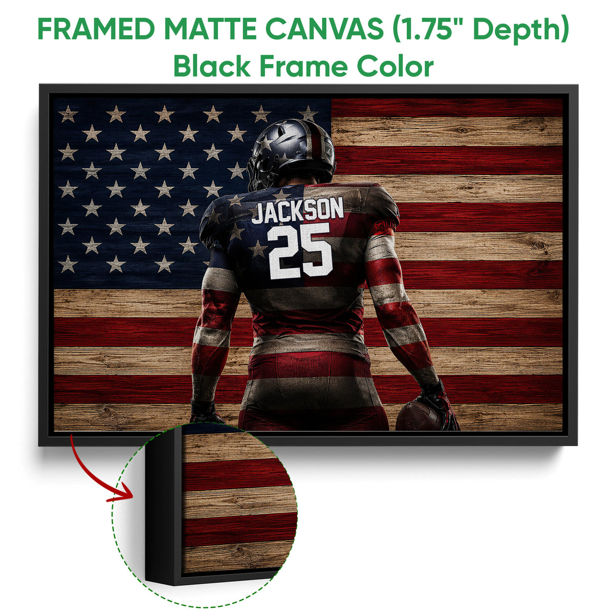 Black framed football canvas wall art with a patriotic flag design and close-up frame detail