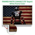 White framed football canvas wall art featuring a player and rustic red, white, and blue stripes