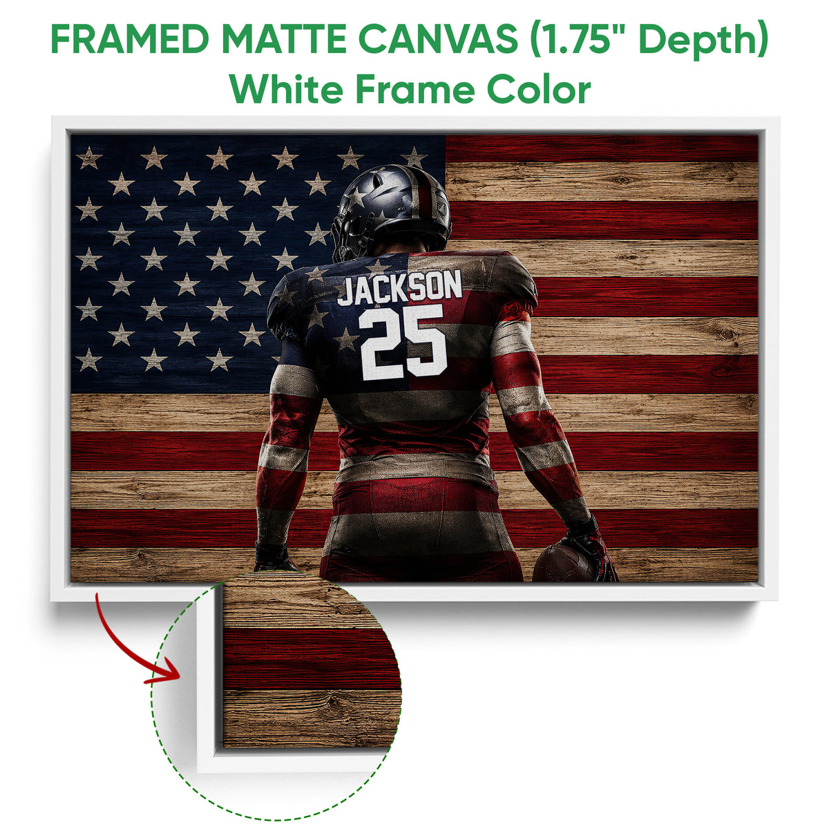 White framed football canvas wall art featuring a player and rustic red, white, and blue stripes