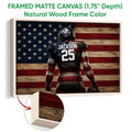 Natural wood framed football wall art with a patriotic flag background and visible wood frame detail
