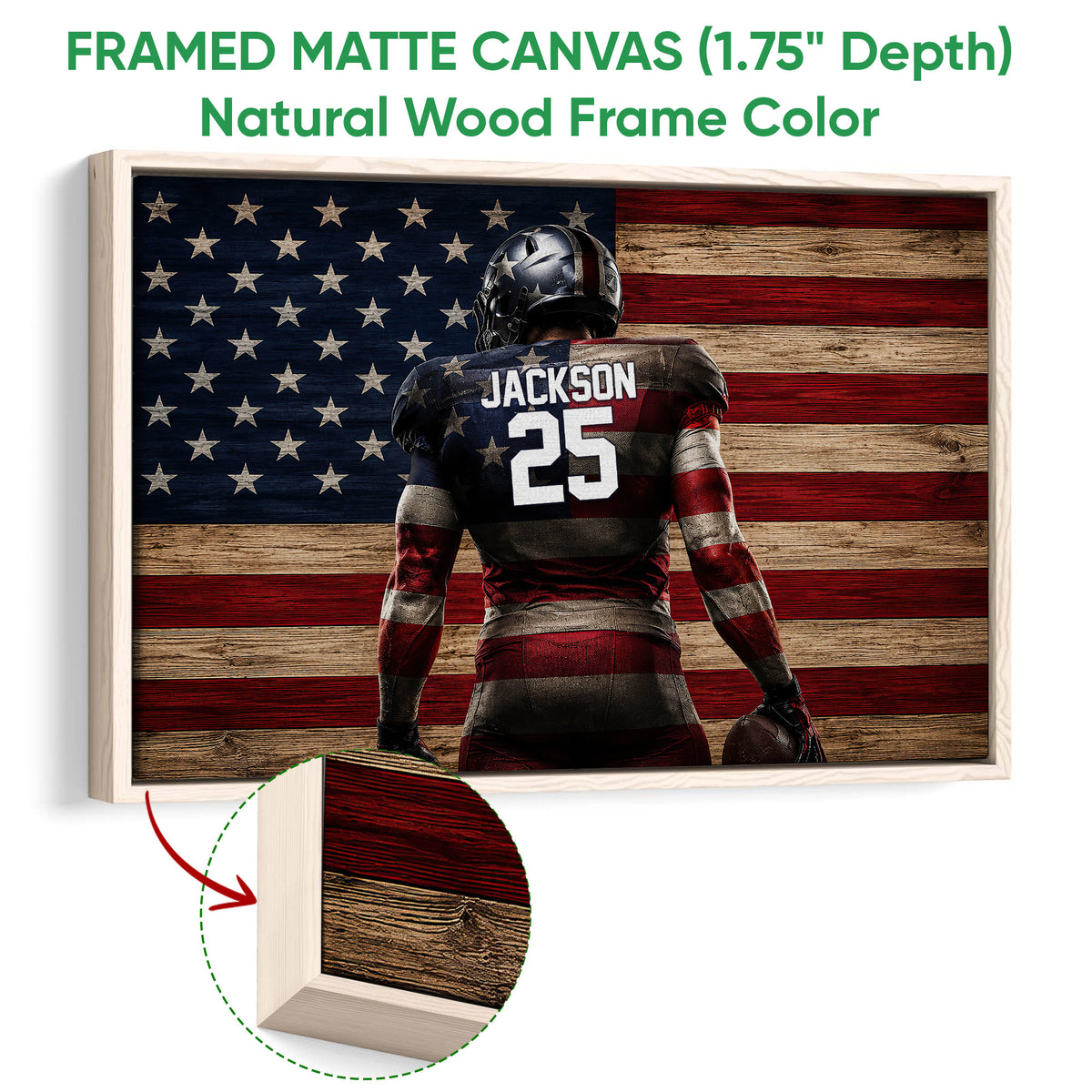 Natural wood framed football wall art with a patriotic flag background and visible wood frame detail