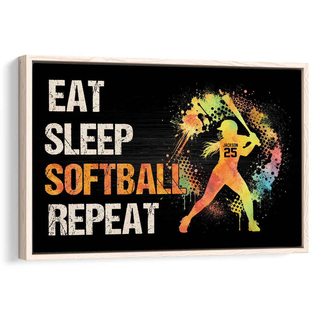 Framed softball wall art with a colorful batter silhouette and bold motivational sports lettering