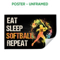 Unframed softball poster featuring a batter silhouette, colorful paint splashes, and bold sports lettering