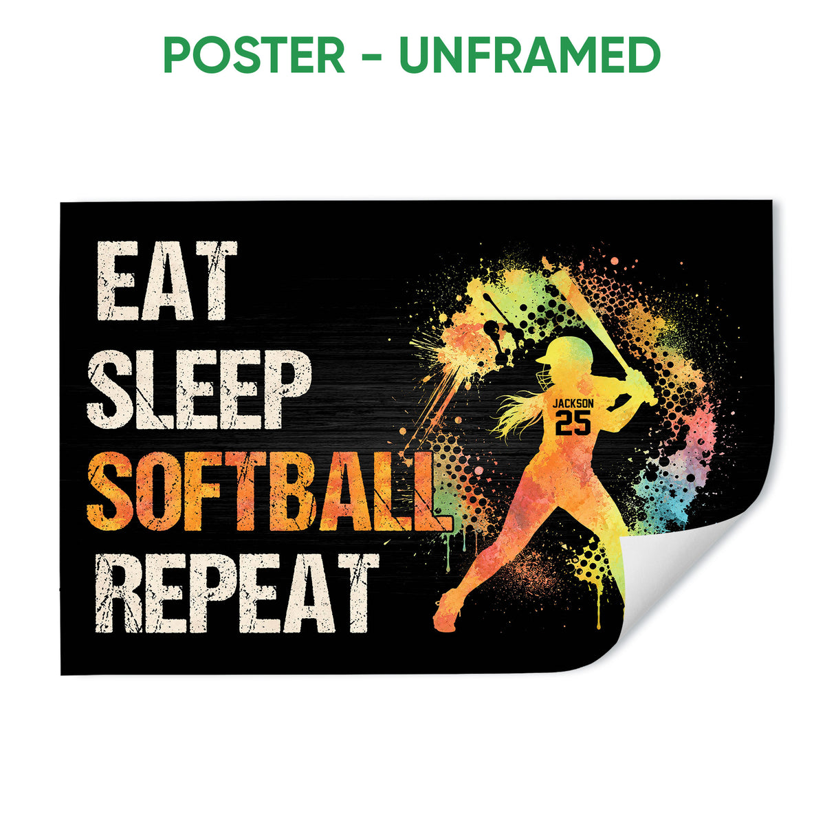 Unframed softball poster featuring a batter silhouette, colorful paint splashes, and bold sports lettering