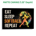 Matte canvas softball wall art with a colorful batter silhouette and black background