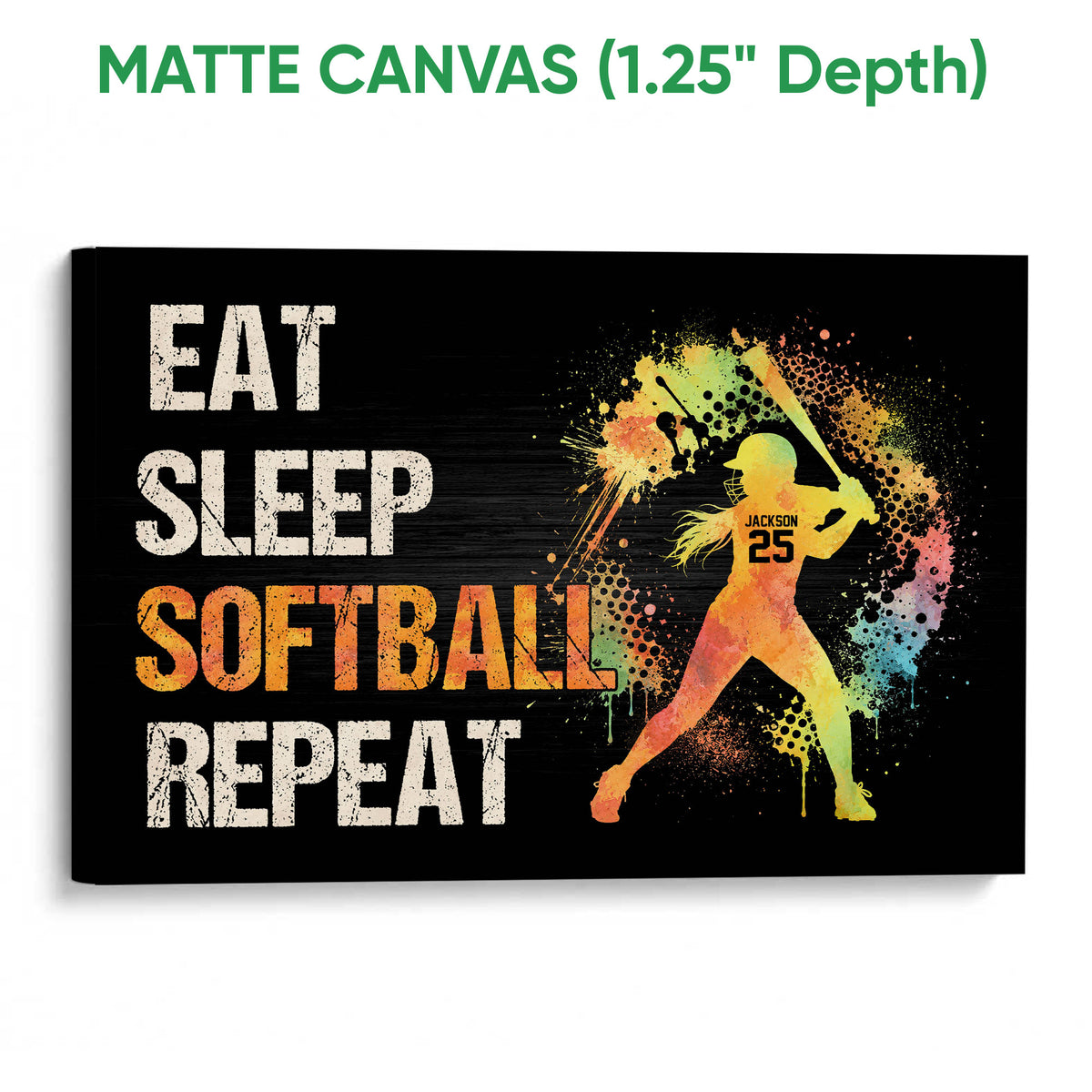 Matte canvas softball wall art with a colorful batter silhouette and black background