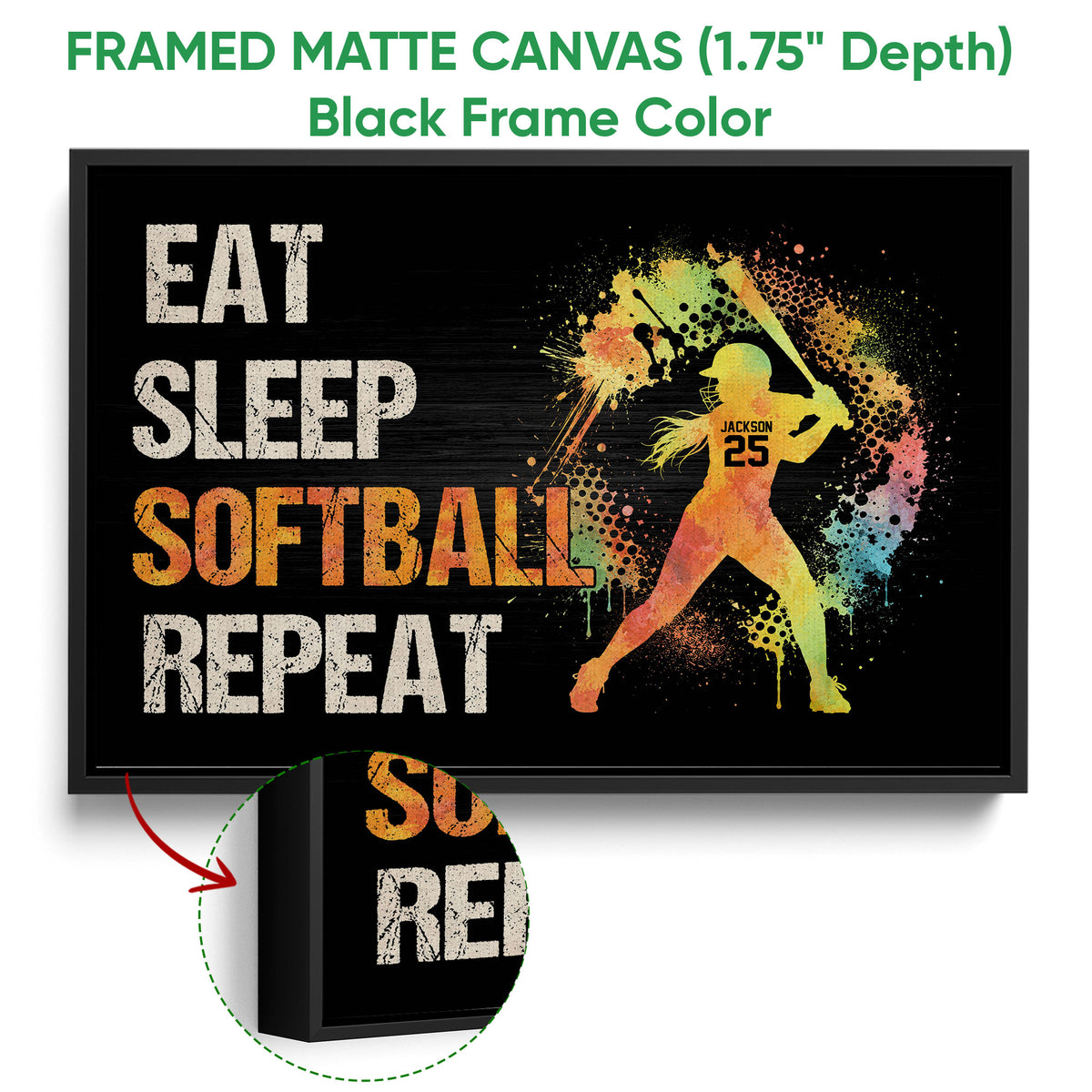 Framed softball canvas wall art shown with a black frame and colorful batter design