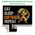 Framed softball canvas wall art shown with a white frame and colorful batter design
