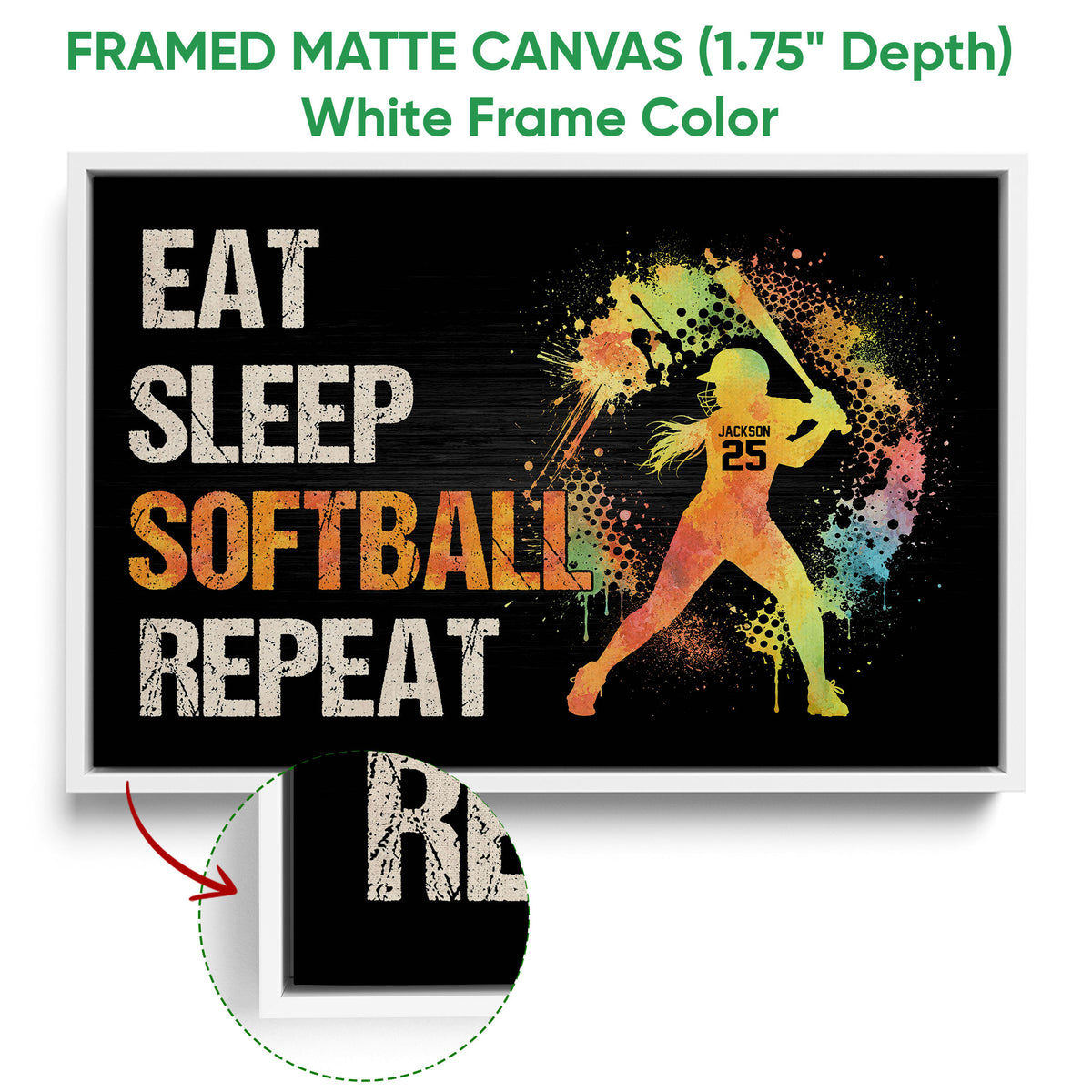 Framed softball canvas wall art shown with a white frame and colorful batter design