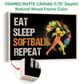 Framed softball canvas wall art shown with a natural wood frame and colorful batter design