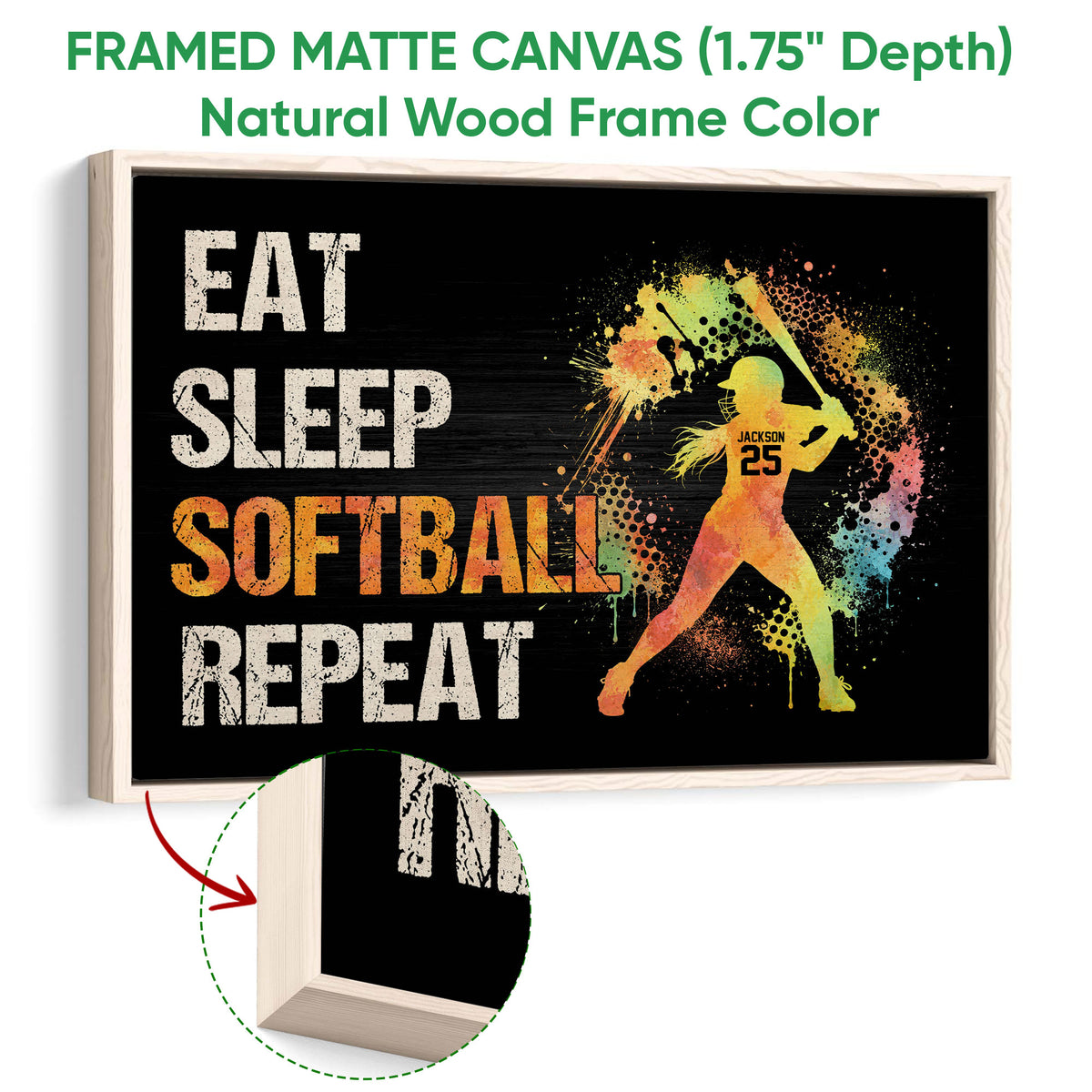 Framed softball canvas wall art shown with a natural wood frame and colorful batter design
