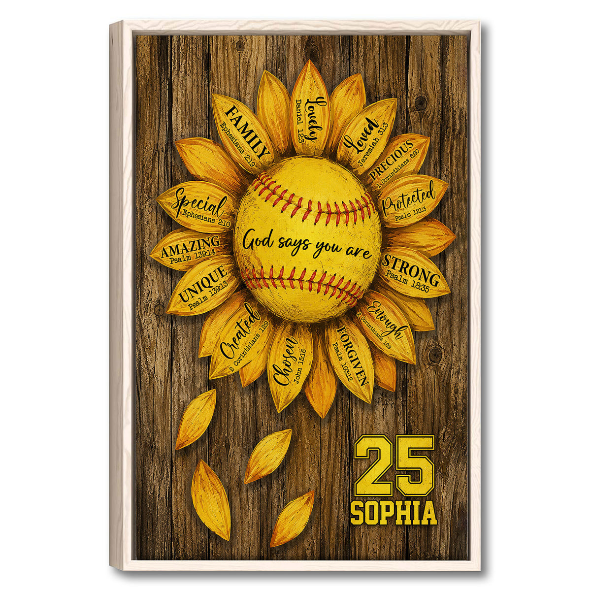 Framed softball sunflower wall art with inspirational Bible words on a rustic wood background