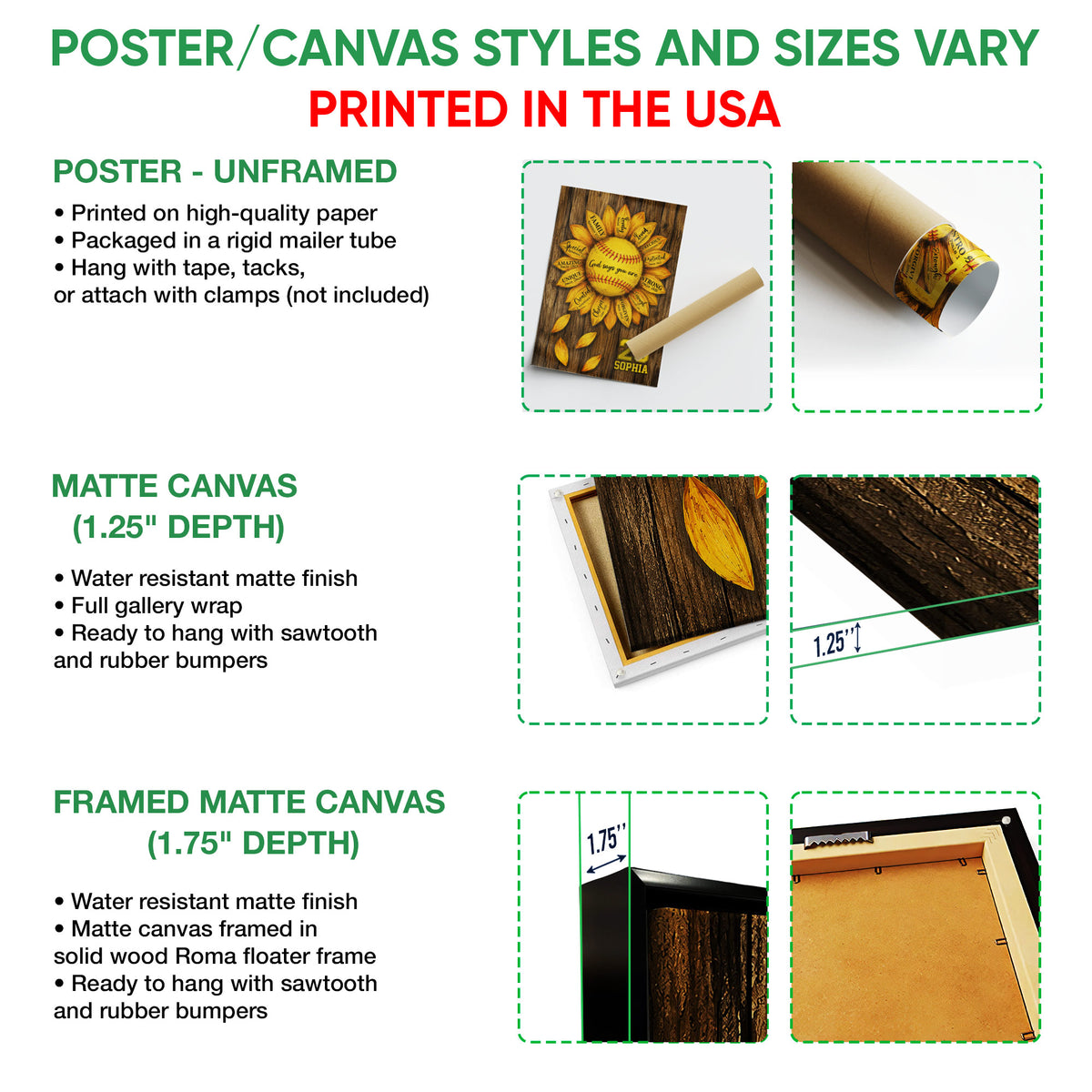 Poster and canvas wall art options showing softball sunflower artwork and available formats