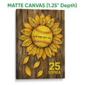 Matte canvas softball wall art with a sunflower arrangement and rustic wood artwork