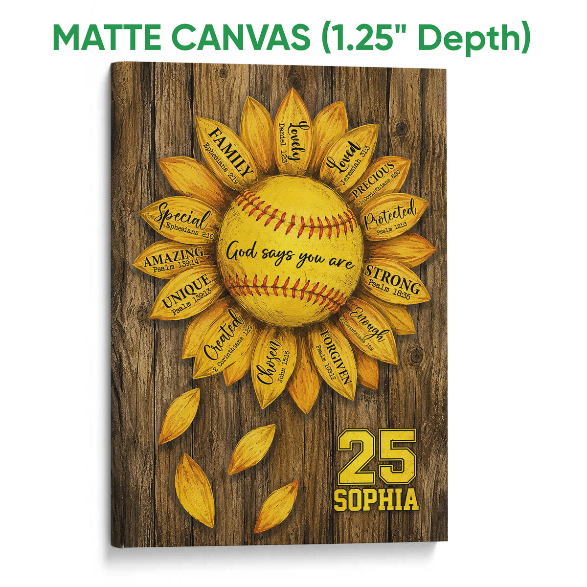 Matte canvas softball wall art with a sunflower arrangement and rustic wood artwork
