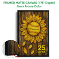 Black framed canvas softball wall art with a detailed sunflower and inspirational design