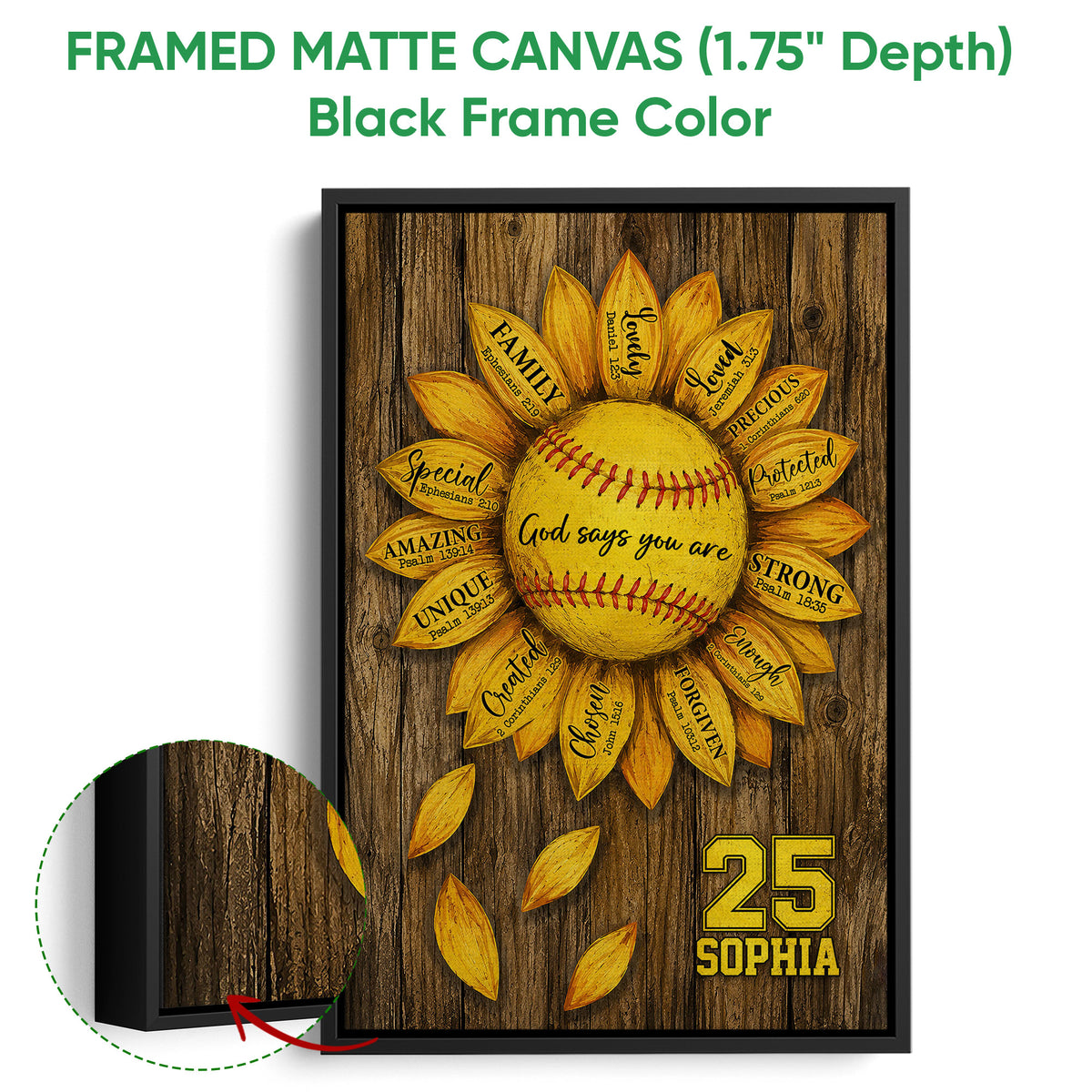 Black framed canvas softball wall art with a detailed sunflower and inspirational design
