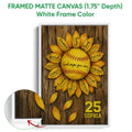 White framed canvas softball wall art featuring a bright sunflower and rustic wood backdrop