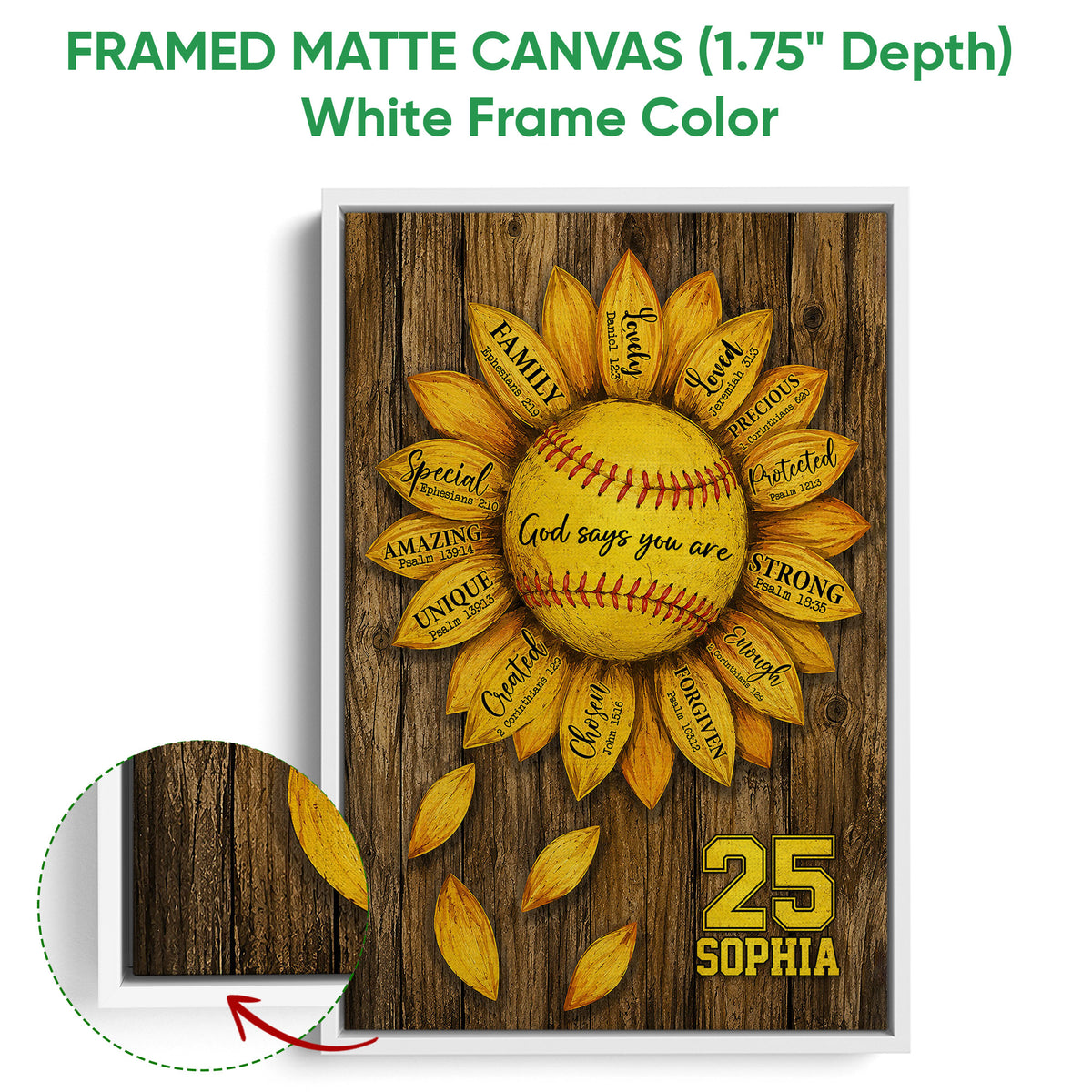 White framed canvas softball wall art featuring a bright sunflower and rustic wood backdrop