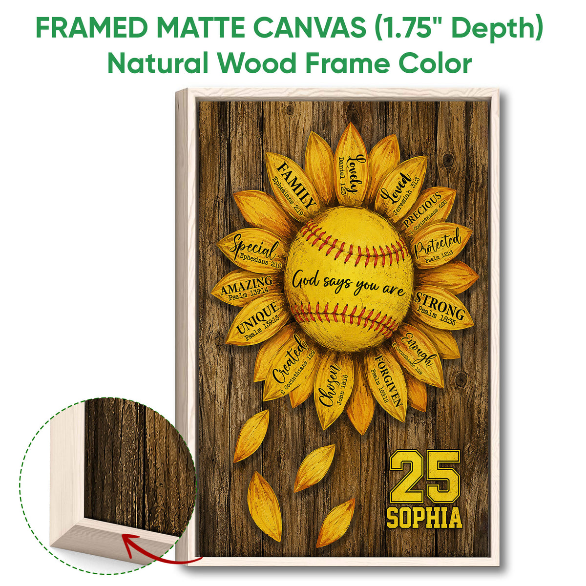 Natural wood framed softball sunflower wall art with warm rustic colors and faith-inspired design