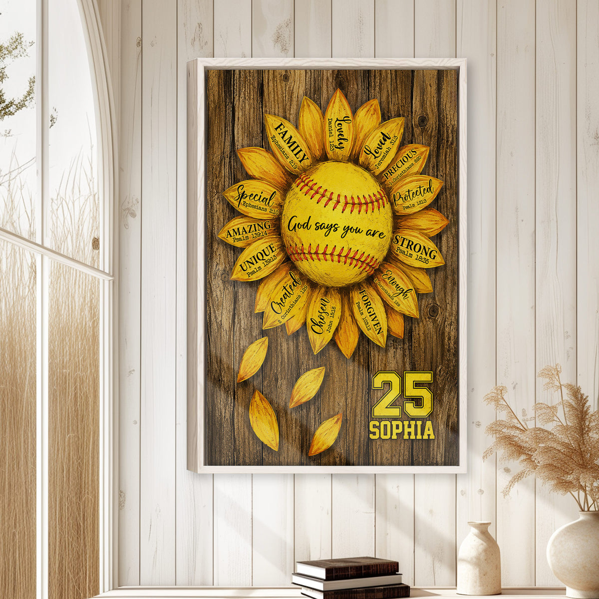 Softball sunflower wall art displayed in a bright farmhouse-style room with white wood paneling
