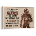 Framed football wall art with a wood-grain player illustration and motivational sports design