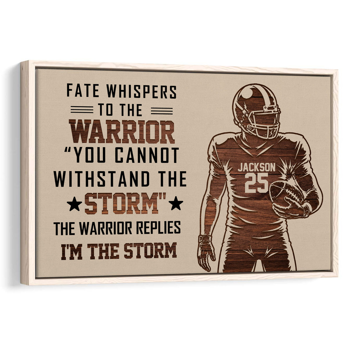 Framed football wall art with a wood-grain player illustration and motivational sports design