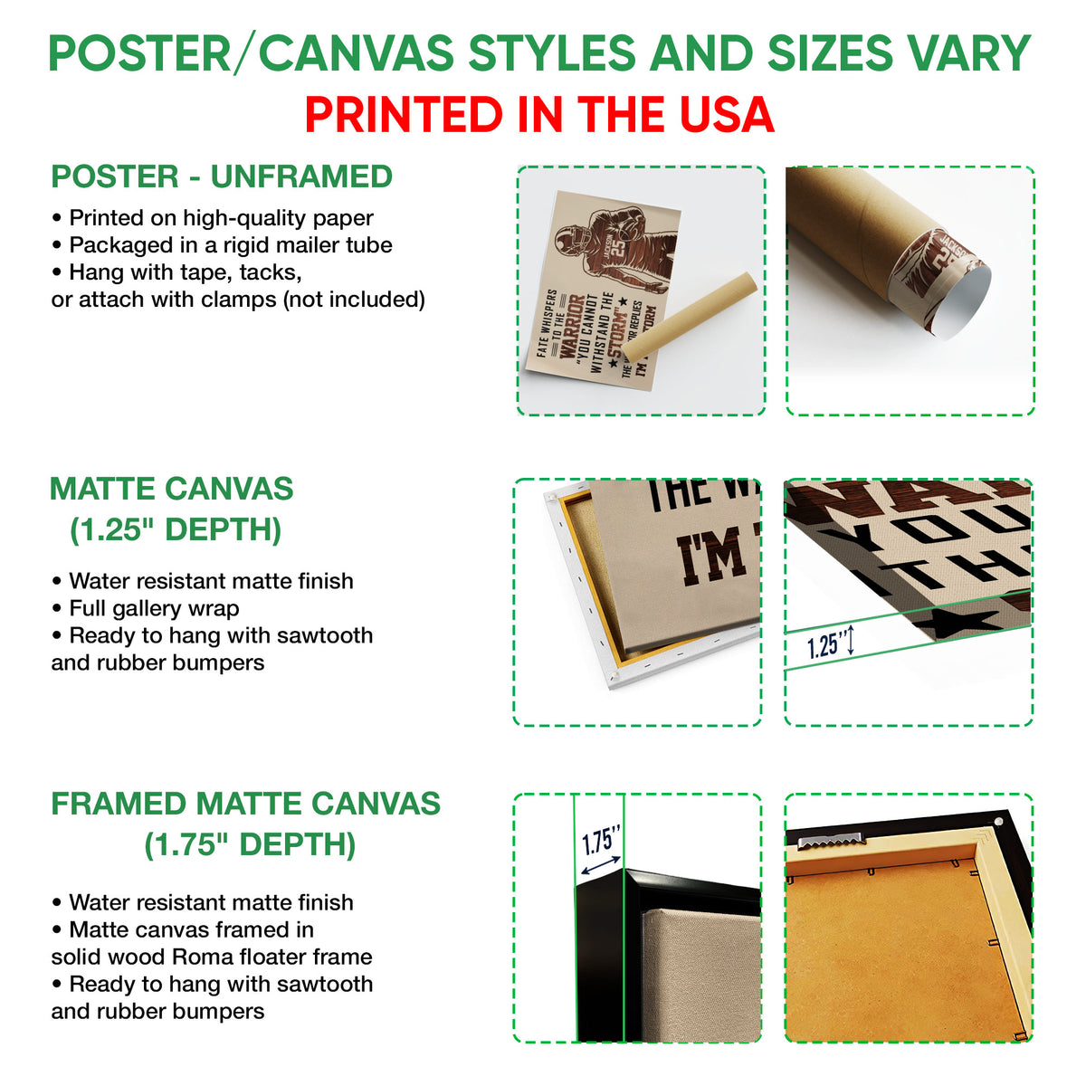 Poster, matte canvas and framed canvas wall art styles and size options for football artwork