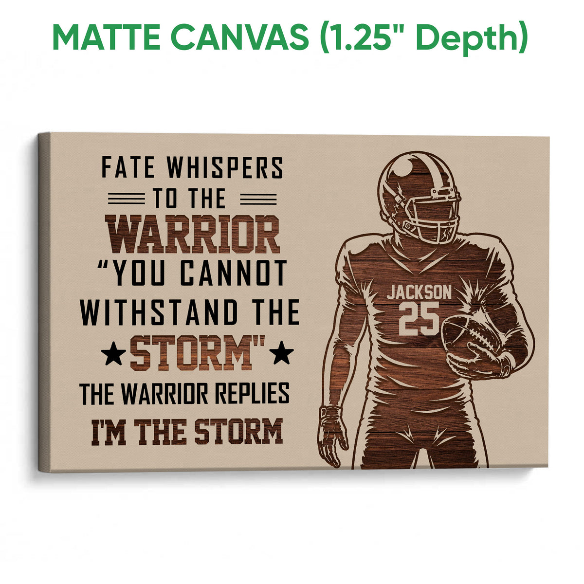Matte canvas football wall art with a wood-grain player illustration and bold sports typography