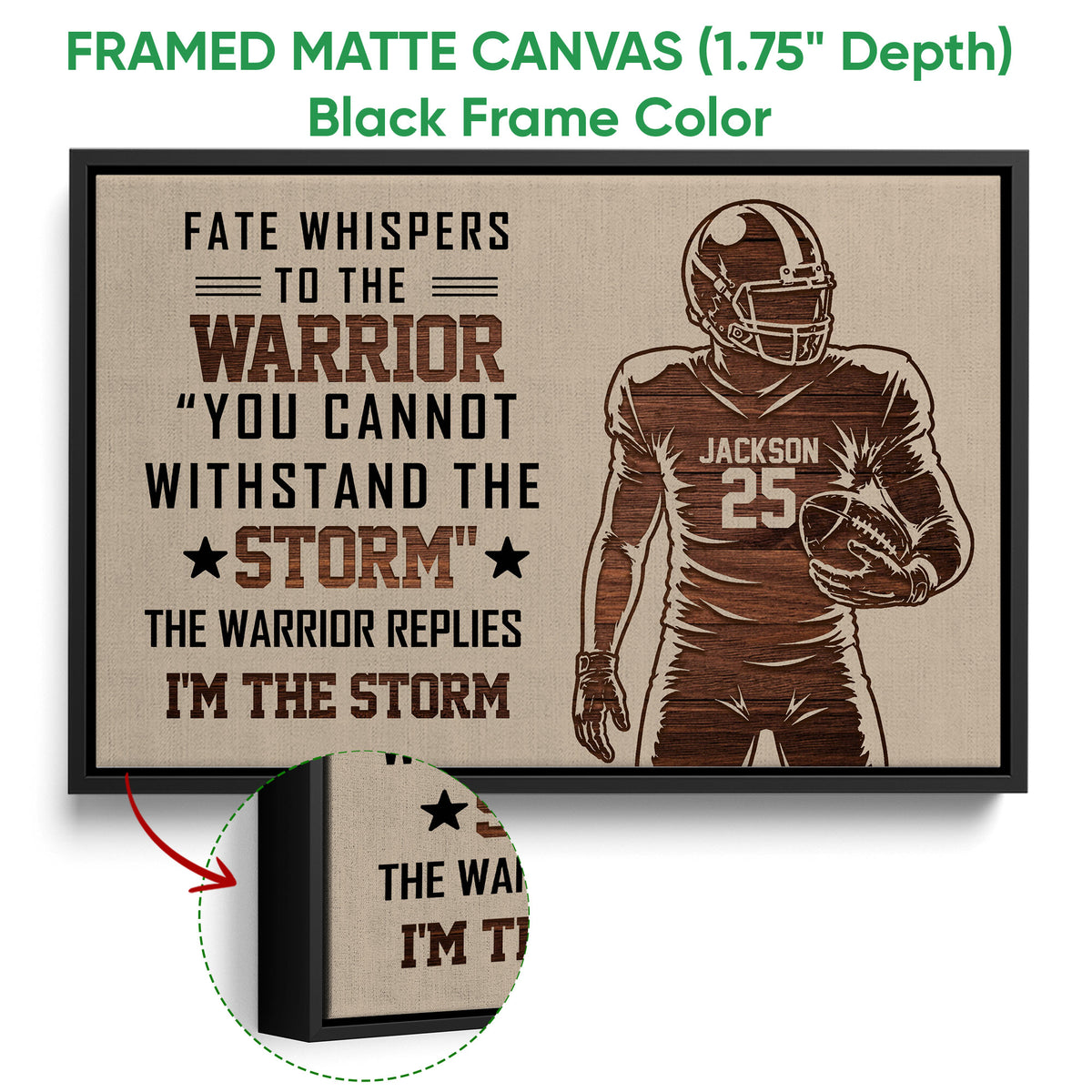 Black framed canvas football wall art with a detailed player illustration and motivational design