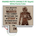 White framed canvas football wall art with a helmeted player and wood-grain sports artwork