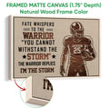 Natural wood framed football wall art displayed with a close-up of its textured frame