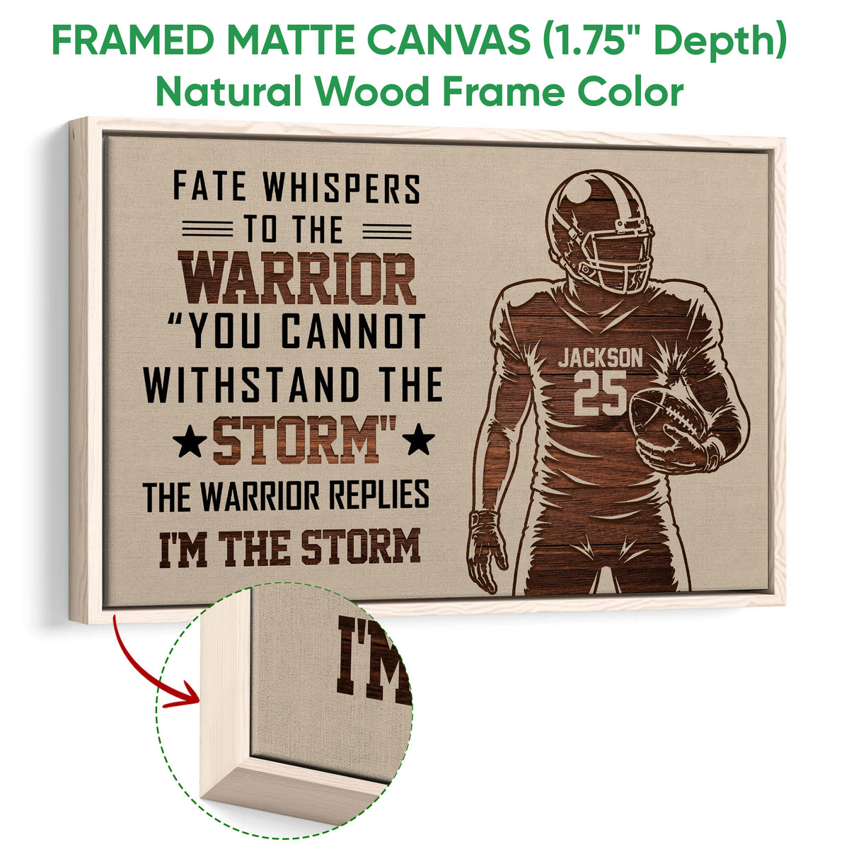 Natural wood framed football wall art displayed with a close-up of its textured frame