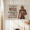Framed football wall art displayed on a bright white wood-paneled wall in a home interior