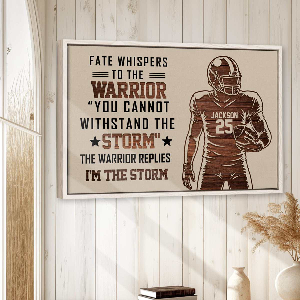 Framed football wall art displayed on a bright white wood-paneled wall in a home interior