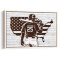 Framed baseball wall art featuring a batter silhouette over a patriotic United States map design