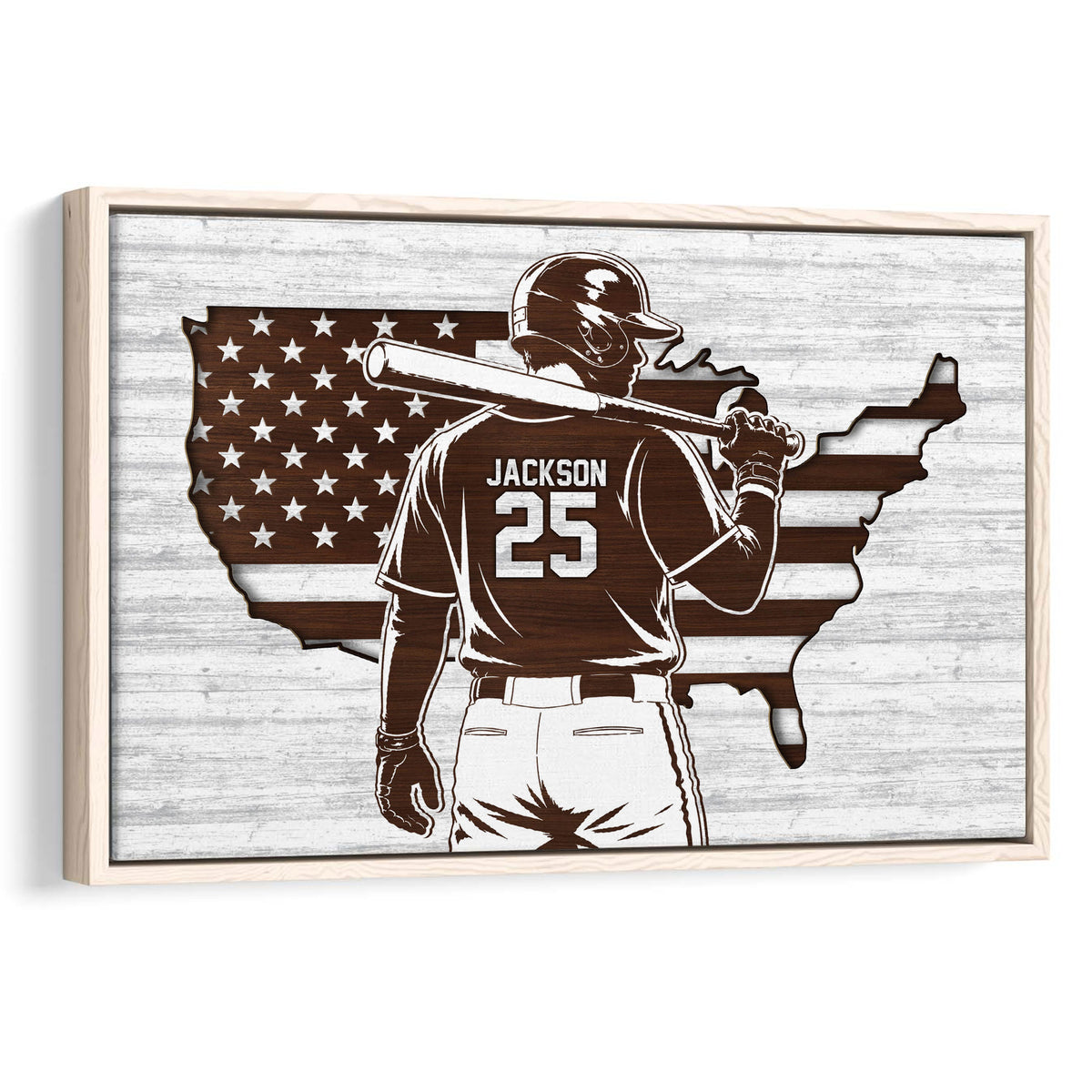 Framed baseball wall art featuring a batter silhouette over a patriotic United States map design