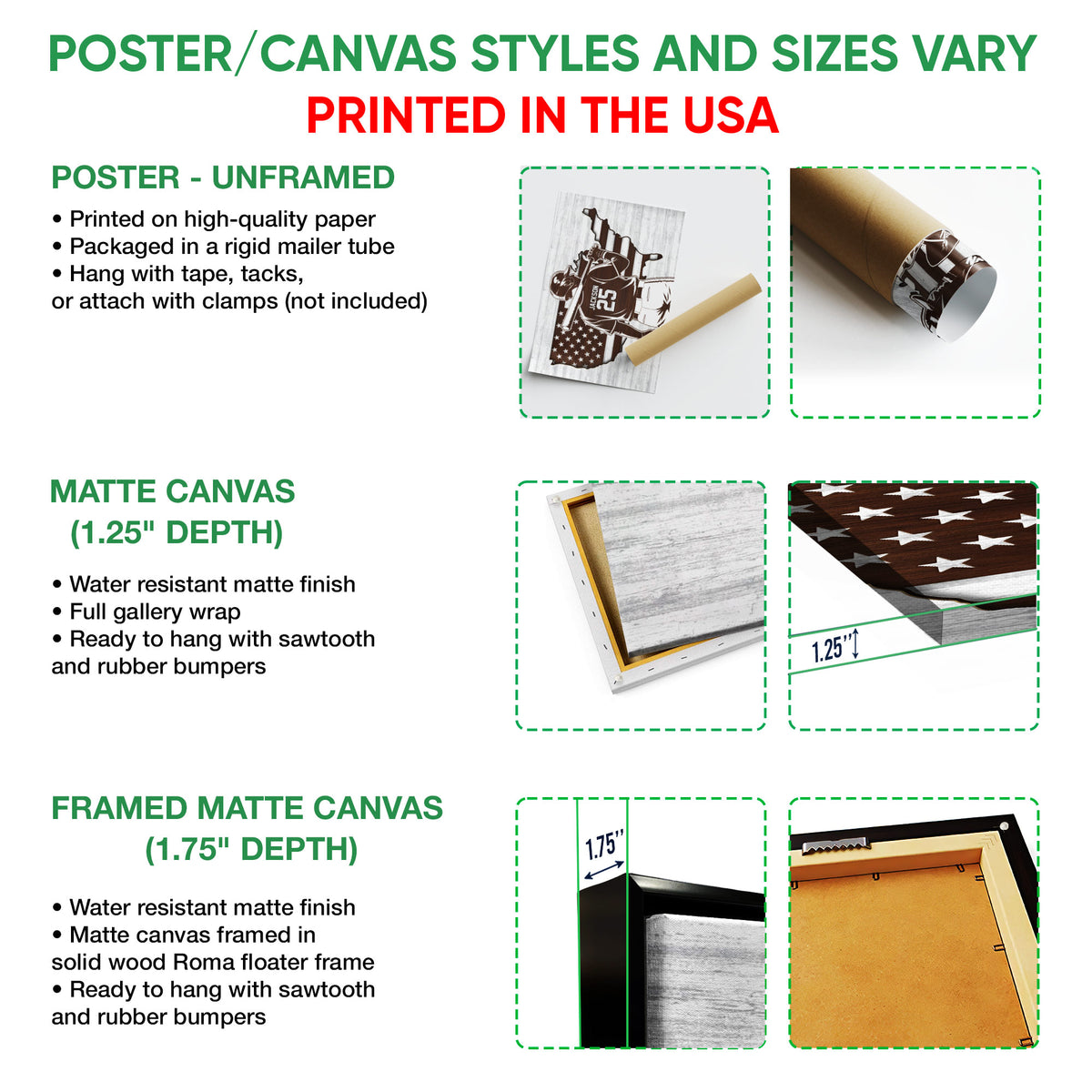 Baseball wall art format guide showing unframed poster, matte canvas, and framed canvas options