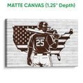 Matte canvas baseball wall art with a batter silhouette and patriotic United States map design