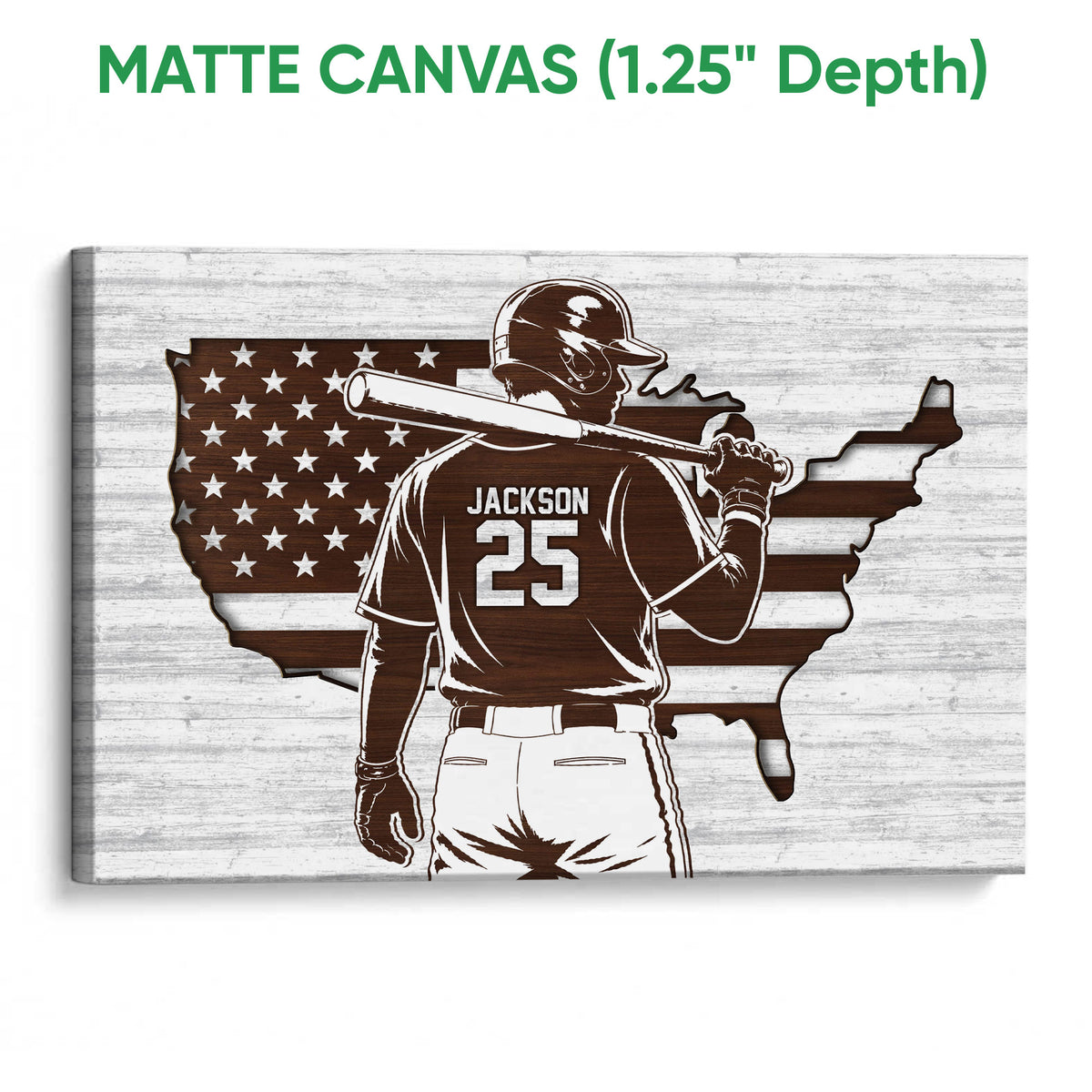 Matte canvas baseball wall art with a batter silhouette and patriotic United States map design